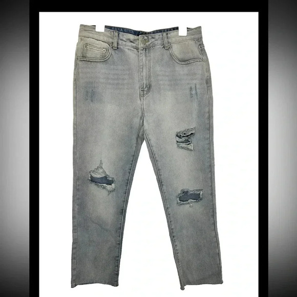 Nasty Gal Jeans Light Wash Denim Distressed Crop Raw Hem High Rise US 12 UK 14 - Picture 1 of 10